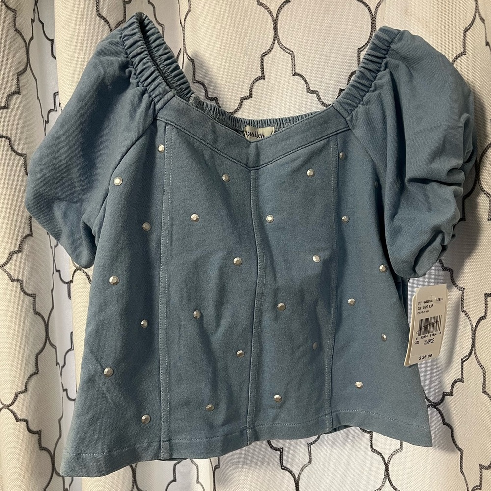 Big girls xl crop Blue Puff Sleeve Top
